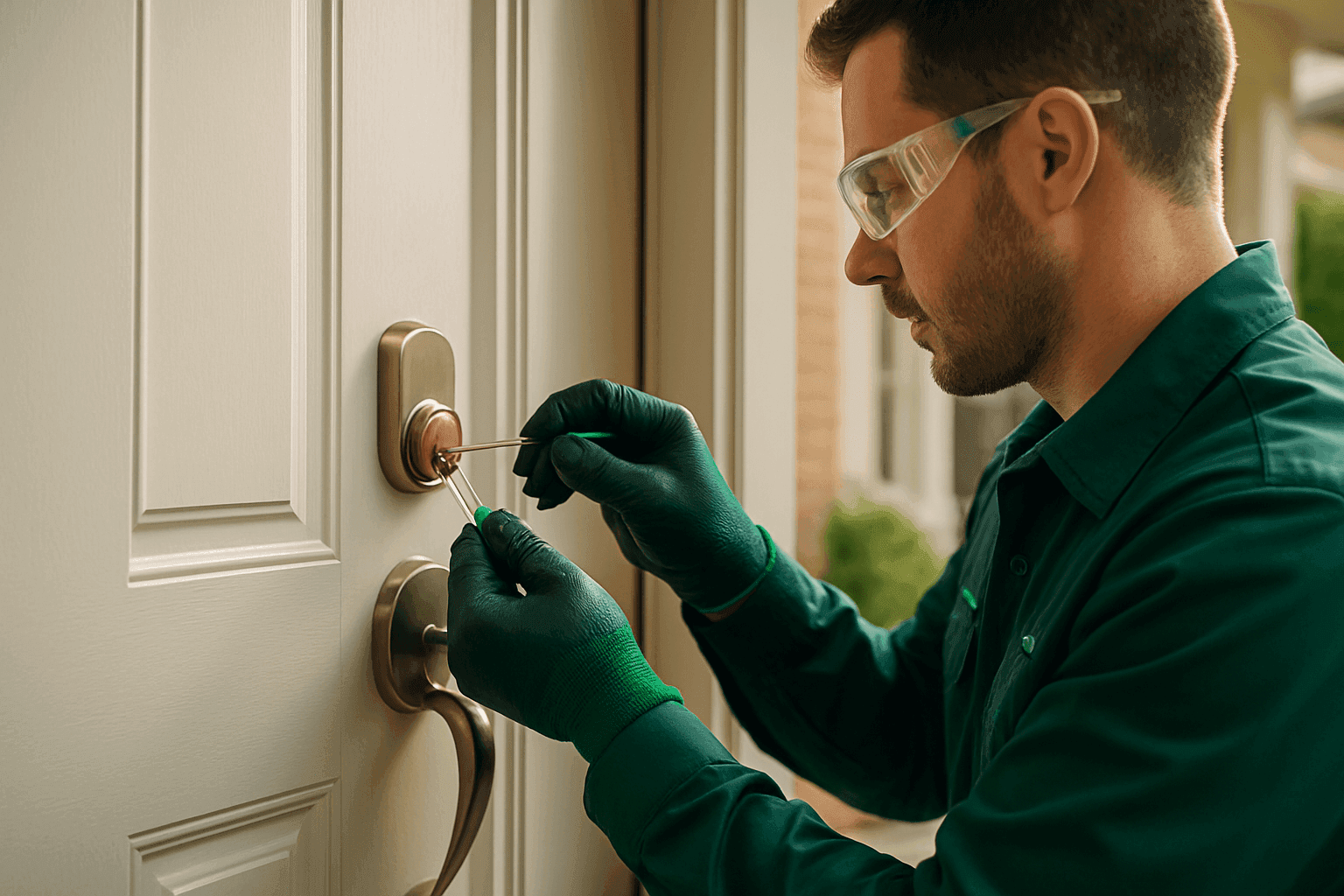 Residential locksth in green uniform wearing gloves and goggles working on front door lock