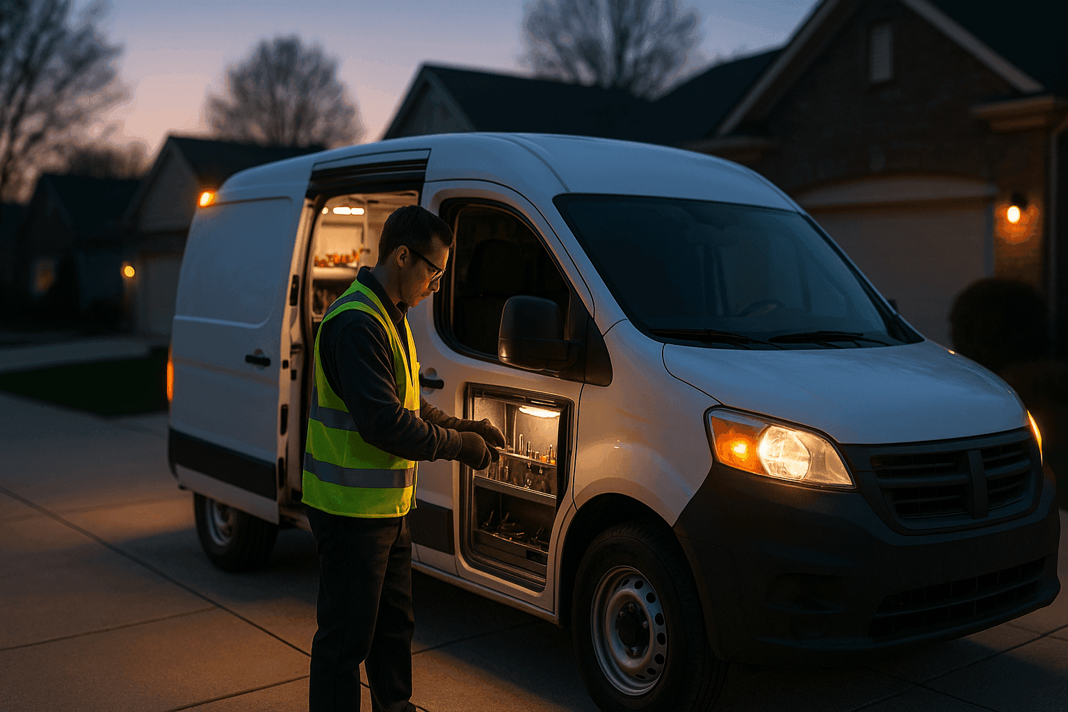Locksmith van parked outside a home at night with technician preparing tools