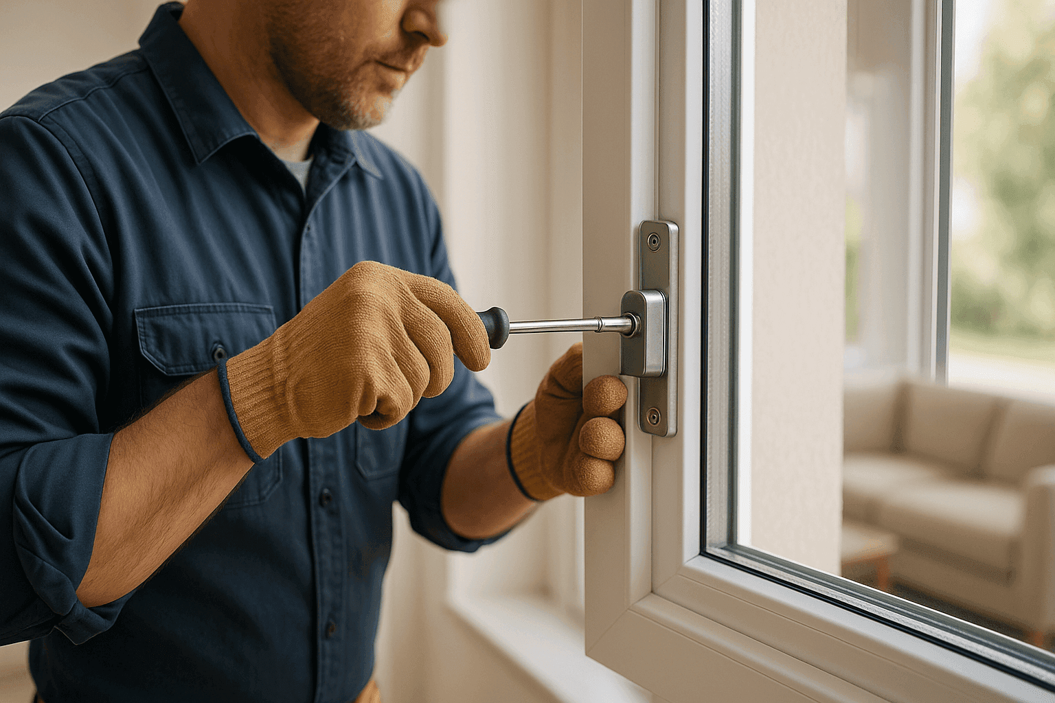 Locksmith installing secure window lock in a bright residential room