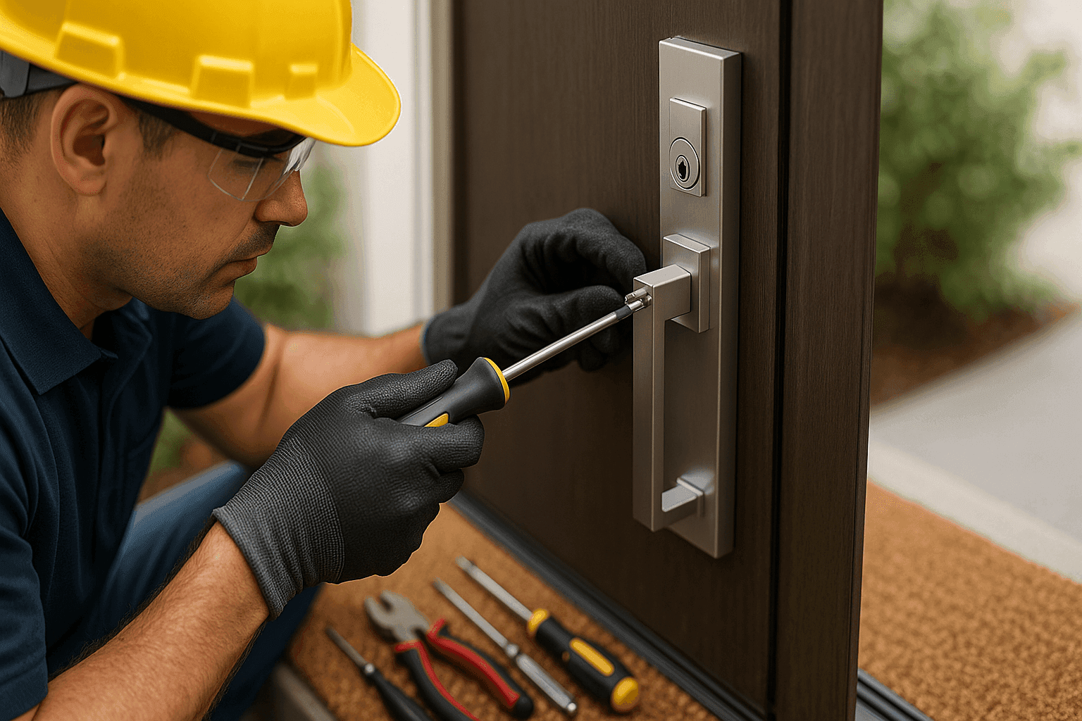 Locksmith installing a high-security lock and handle on a modern front door